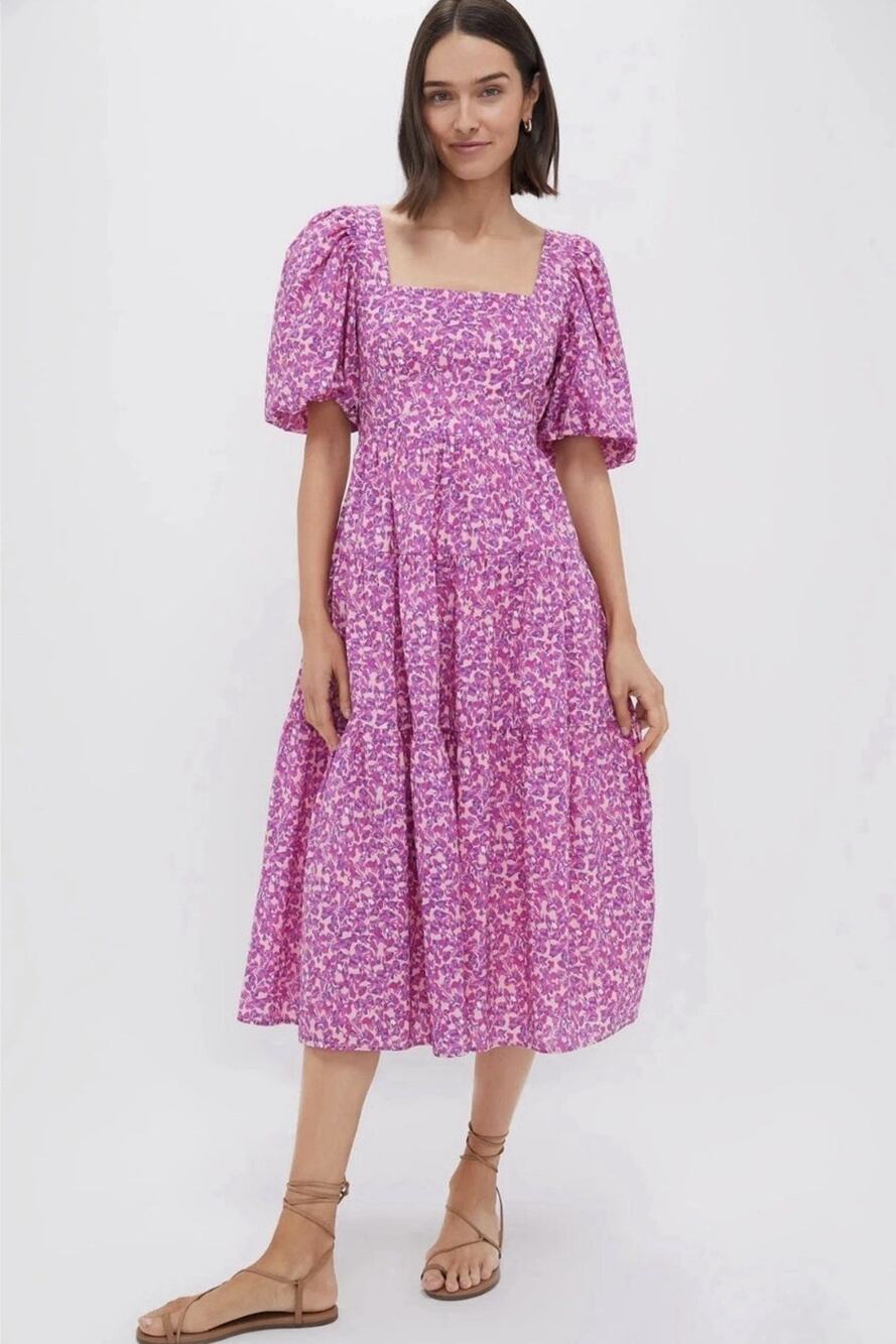 HYACINTH HOUSE Pink Multi Floral Estella Midi Dress Puff Sleeve Small